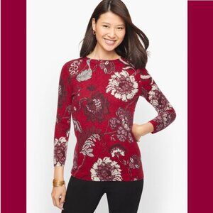 Talbots Petites Red Pure Cashmere Small‎ Petite Crew Neck Floral Top